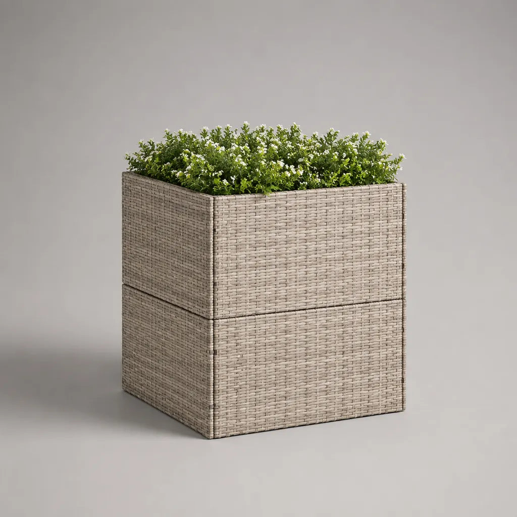 Bac à fleurs surélevé carré en résine tressée PE taupe et gris taupe, 40 × 40 × 50 cm