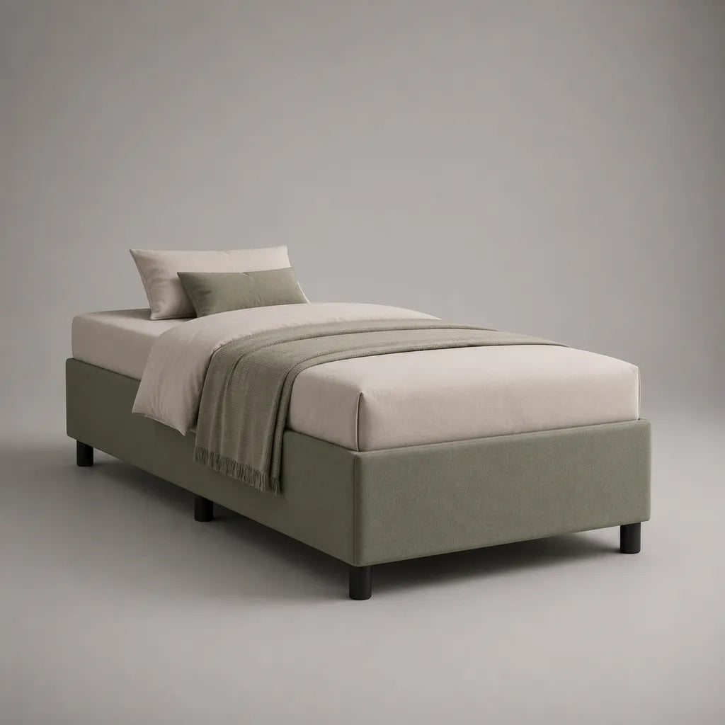 Cadre de lit simple rembourré en tissu vert sauge sans tête de lit, couchage 90 × 190 cm, dimensions 199 × 99 × 36 cm