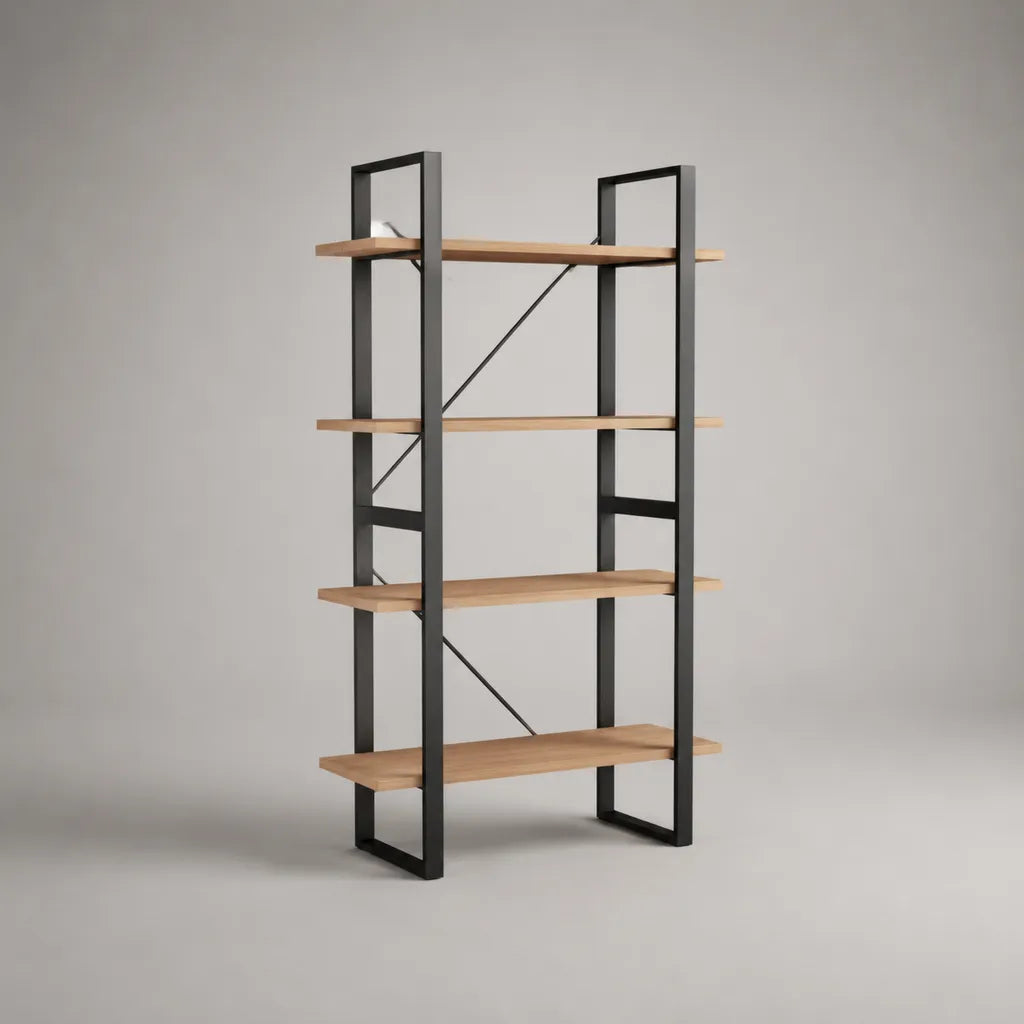 Bibliothèque ouverte 4 niveaux en bois et acier noir, chêne naturel, 120 × 35 × 180 cm