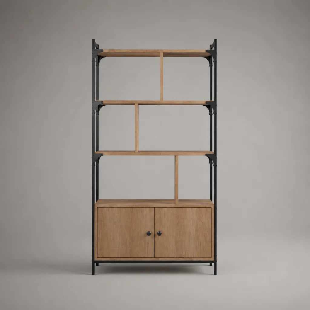 Bibliothèque rectangulaire en bois et métal noir avec placard, 100 × 35 × 190 cm