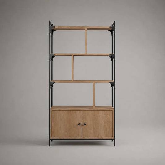Bibliothèque rectangulaire en bois et métal noir avec placard, 100 × 35 × 190 cm