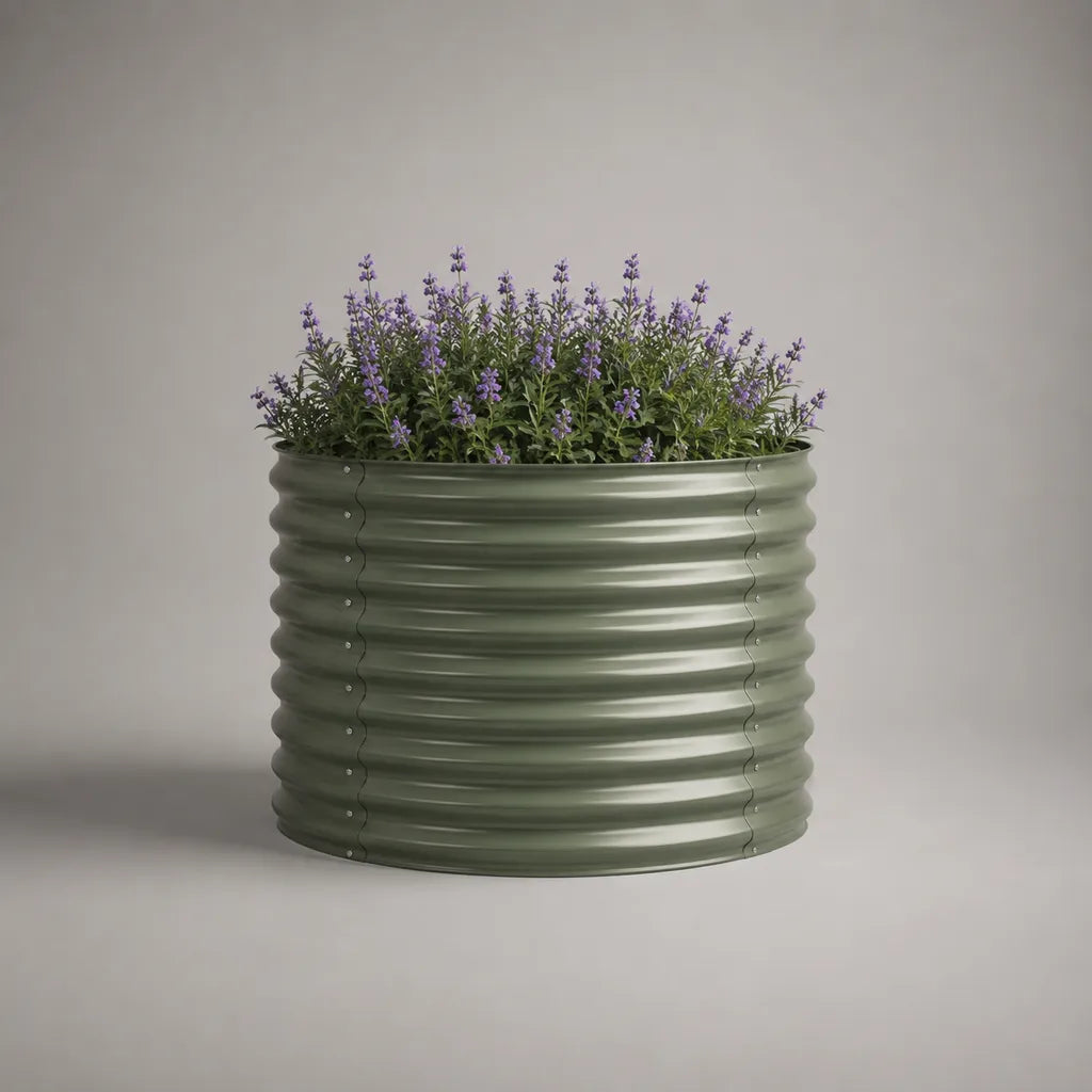 Jardinière surélevée ronde en acier galvanisé ondulé vert olive Ø 80 × H 60 cm