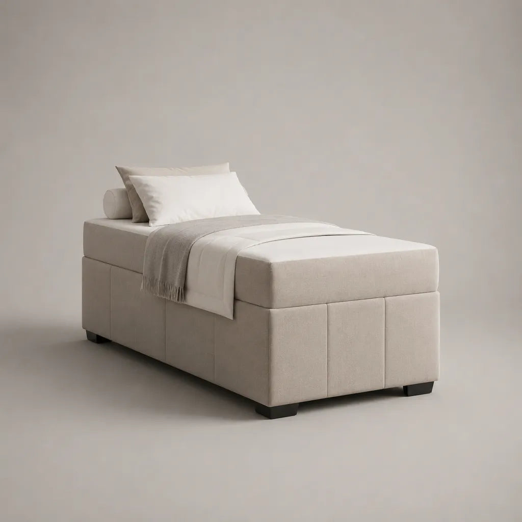 Lit simple rembourré en tissu avec sommier et matelas en mousse, beige clair, couchage 90 × 190 cm