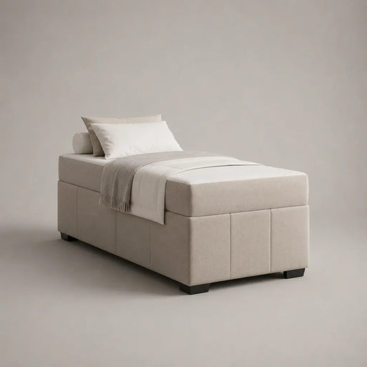 Lit simple rembourré en tissu avec sommier et matelas en mousse, beige clair, couchage 90 × 190 cm