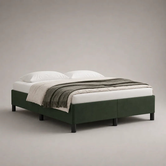 Cadre de lit double 180 × 200 cm en 2 modules, velours polyester vert foncé, sans tête de lit