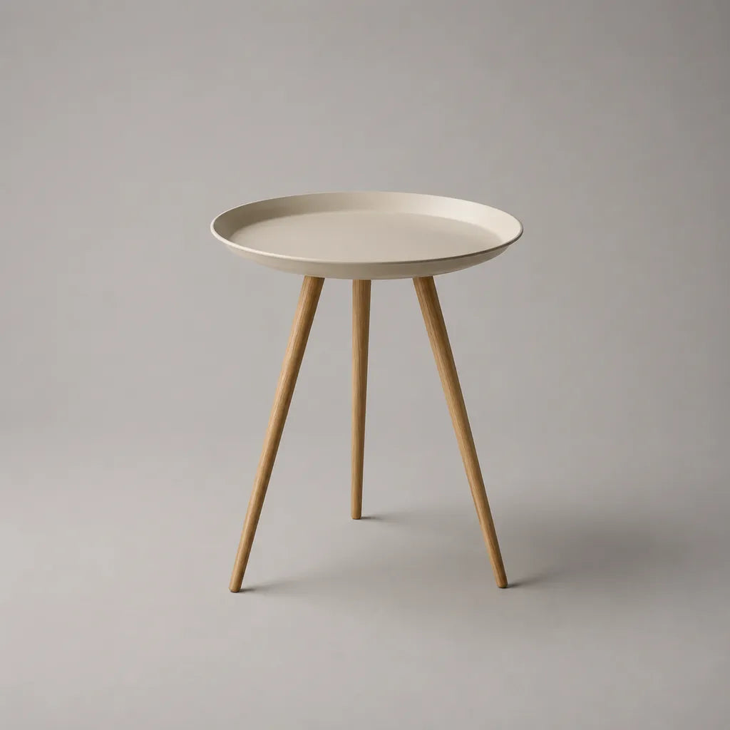 Table d’appoint ronde en acier et bois, beige et chêne naturel, Ø 45 × H 55 cm
