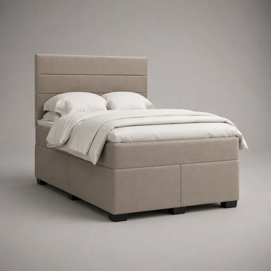 Cadre de lit double rembourré en polyester beige avec tête de lit, 205 x 149 x 120 cm, couchage 140 x 190 cm