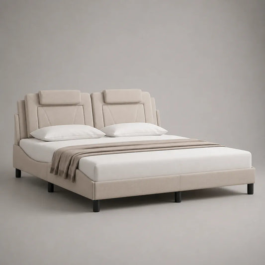 Lit double rembourré beige en tissu, 180 x 200 cm, avec sommier à lattes et tête de lit segmentée
