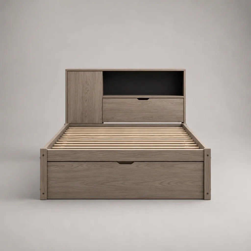 Lit simple en bois 90 × 190 cm avec tiroir, sommier à lattes et tête de lit avec rangements, chêne grisé et noir, 205 × 98 × 140 cm
