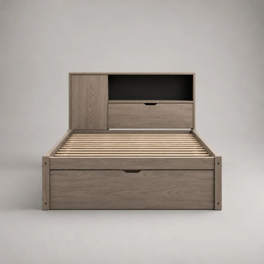 Lit simple en bois 90 × 190 cm avec tiroir, sommier à lattes et tête de lit avec rangements, chêne grisé et noir, 205 × 98 × 140 cm