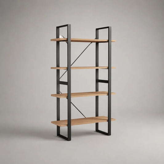 Bibliothèque ouverte 4 niveaux en bois et acier noir, chêne naturel, 120 × 35 × 180 cm