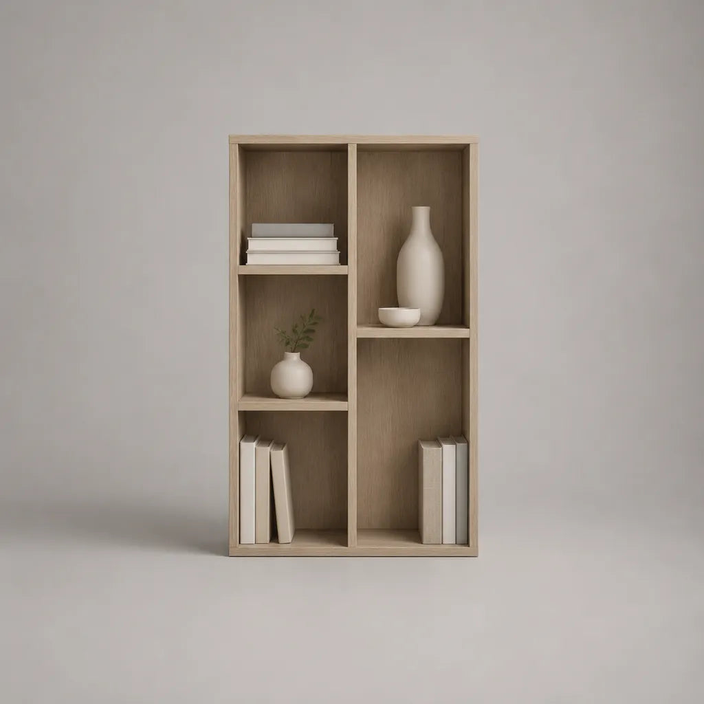 Bibliothèque ouverte rectangulaire en panneaux de particules, 5 compartiments, chêne clair, 80 × 30 × 140 cm