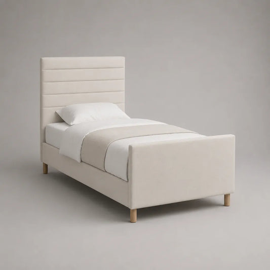 Lit simple rembourré rectangulaire en tissu écru et bois naturel avec tête et pied de lit, couchage 90 × 190 cm, dimensions 100 × 206 × 125 cm
