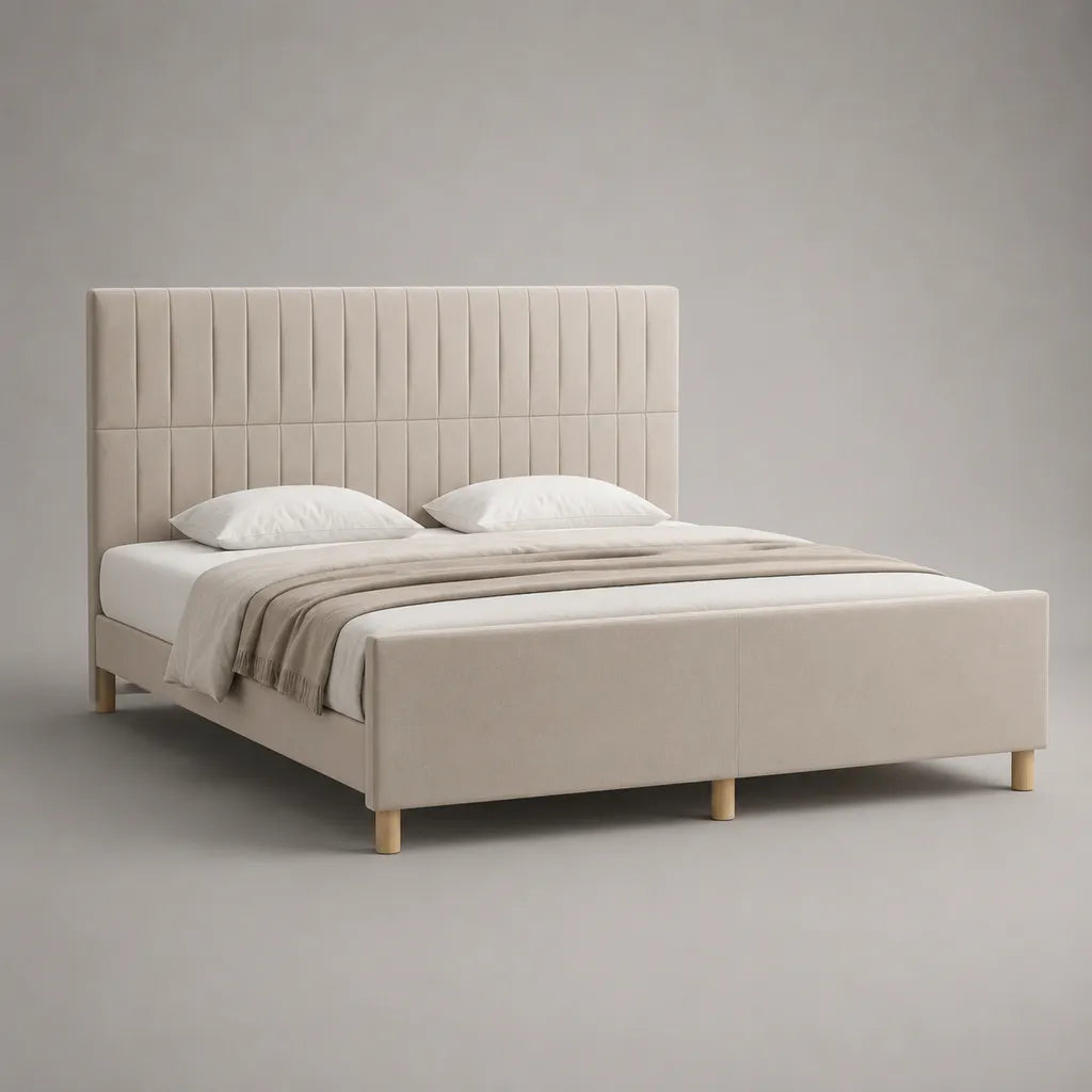 Lit double rembourré 160 × 200 cm en velours polyester beige avec pieds en bois naturel, 215 × 170 × 120 cm