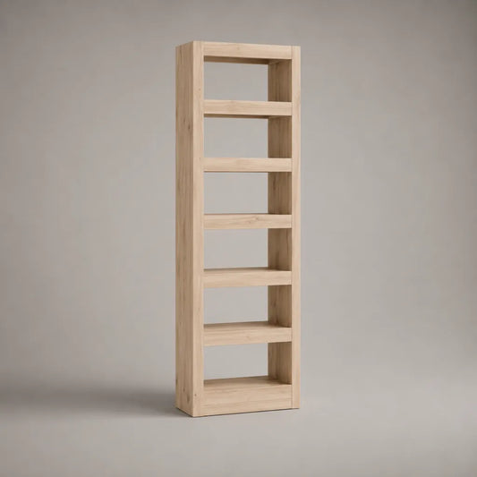 Bibliothèque colonne rectangulaire en bois, 6 niveaux, bois naturel clair, 60 × 30 × 180 cm