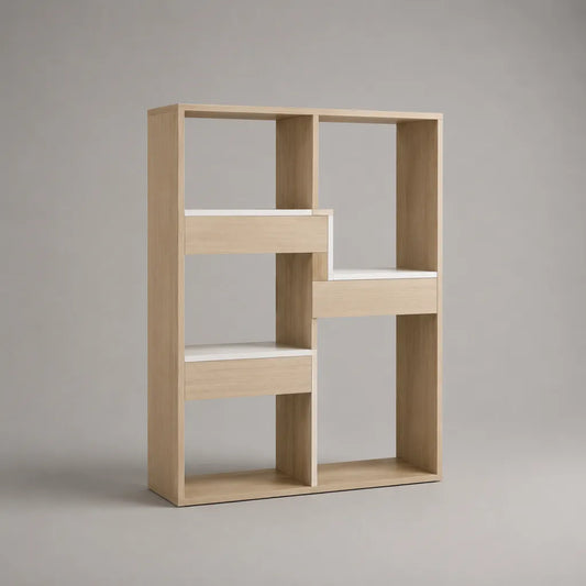 Bibliothèque étagère rectangulaire à 6 niches en panneaux de particules, chêne clair et blanc, 90 × 30 × 150 cm